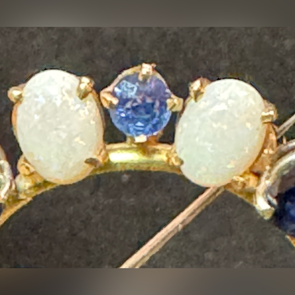 Vtg 14K? Yellow Gold Opal & Sapphire Circle Brooch Screw Lock Pin Mid-Century 8g - Picture 14 of 16